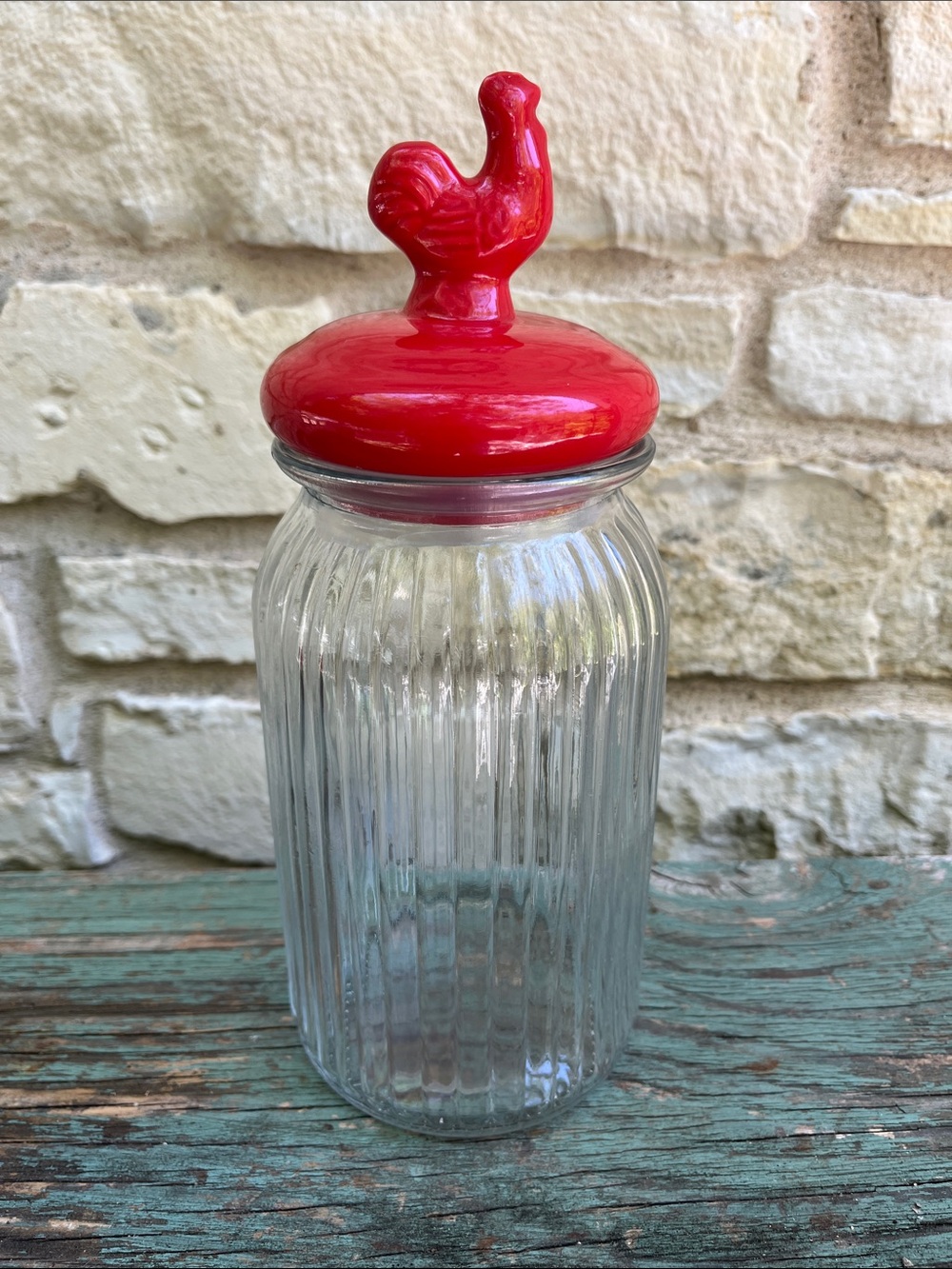 Ribbed Glass Canisters W/ Ceramic Rooster Lid